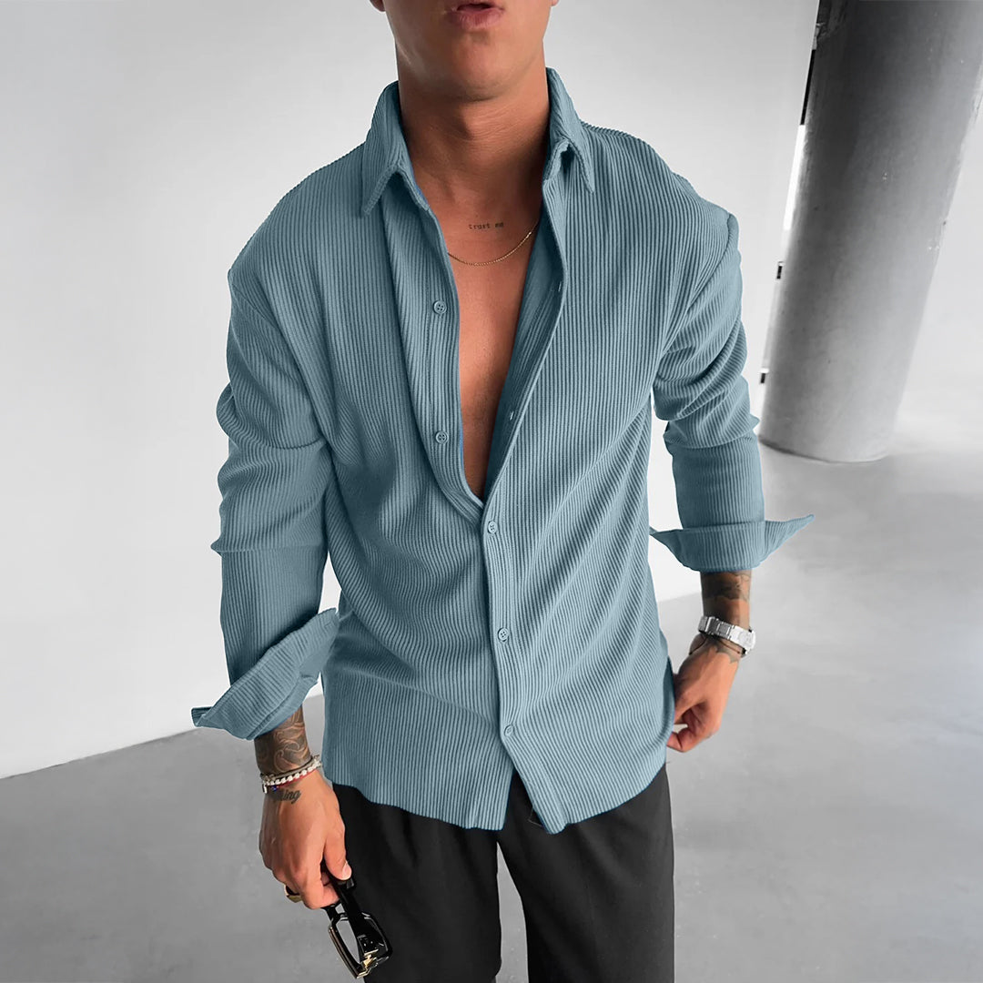 OVERSIZE RIBBED FULL SLEEVES SHIRT - BLUE