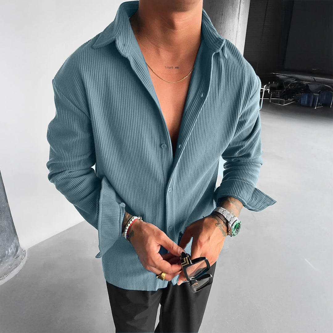 OVERSIZE RIBBED FULL SLEEVES SHIRT - BLUE