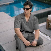 SIGNATURE LOOSE FIT RICH LINEN CORD SET - GRAY