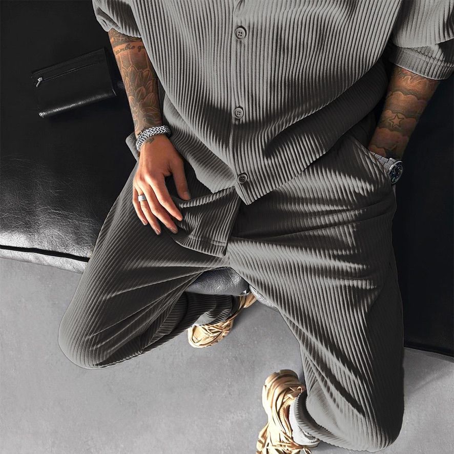 Oversize Pleated Open Collar Shirt & Trouser Set - Gray