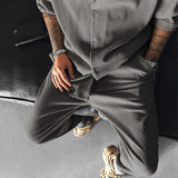 Oversize Pleated Open Collar Shirt & Trouser Set - Dark Gray