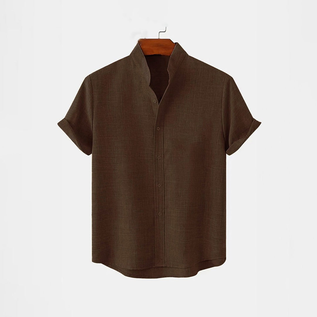 BAN COLLAR FULL LINEN SHIRT - CHOCOLATE BROWN