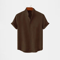 BAN COLLAR FULL LINEN SHIRT - CHOCOLATE BROWN