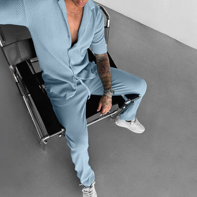 Oversize Pleated Open Collar Shirt & Trouser Set - Coronet Blue