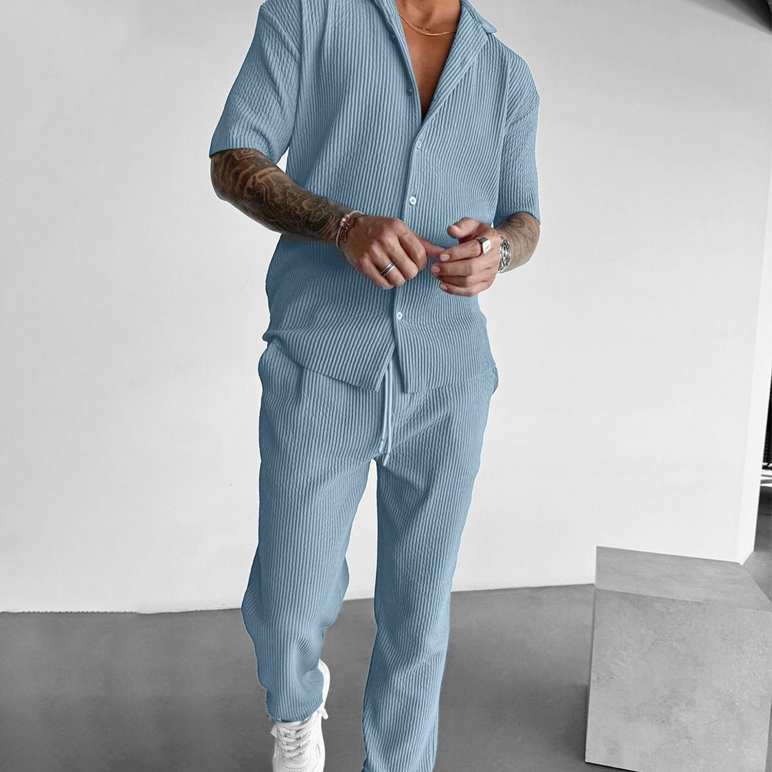 Oversize Pleated Open Collar Shirt & Trouser Set - Coronet Blue