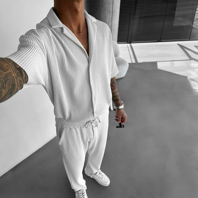 Oversize Pleated Open Collar Shirt & Pants Set - White - Zapped