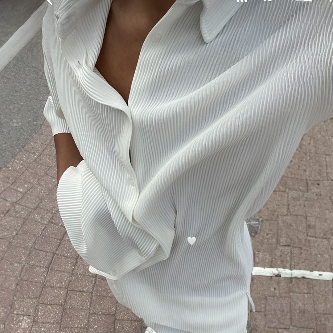 Oversize Pleated Open Collar Shirt & Pants Set - White