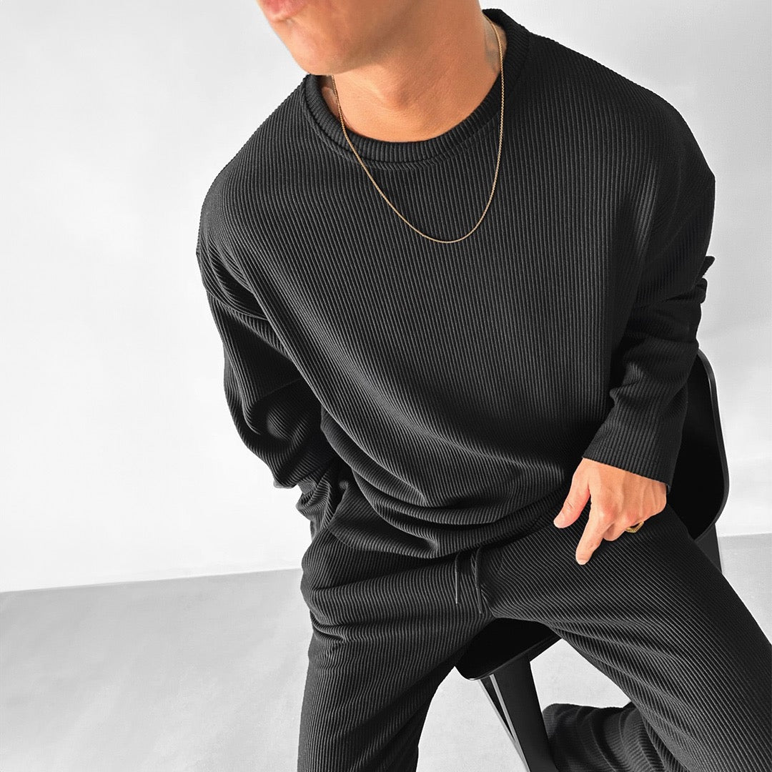 Oversized Full Sleeve O Neck T-Shirt & Trouser Set - Black