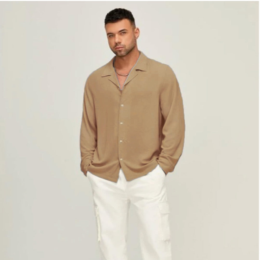 Camel Full sleeves oversize shirt cotton linen