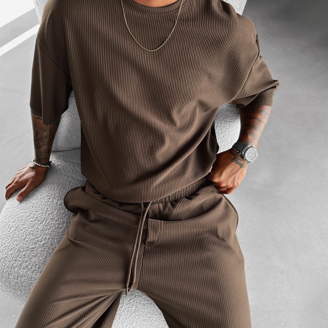 Zapped Oversized quarter sleeve  O Neck T-Shirt & Trouser Set - Brown