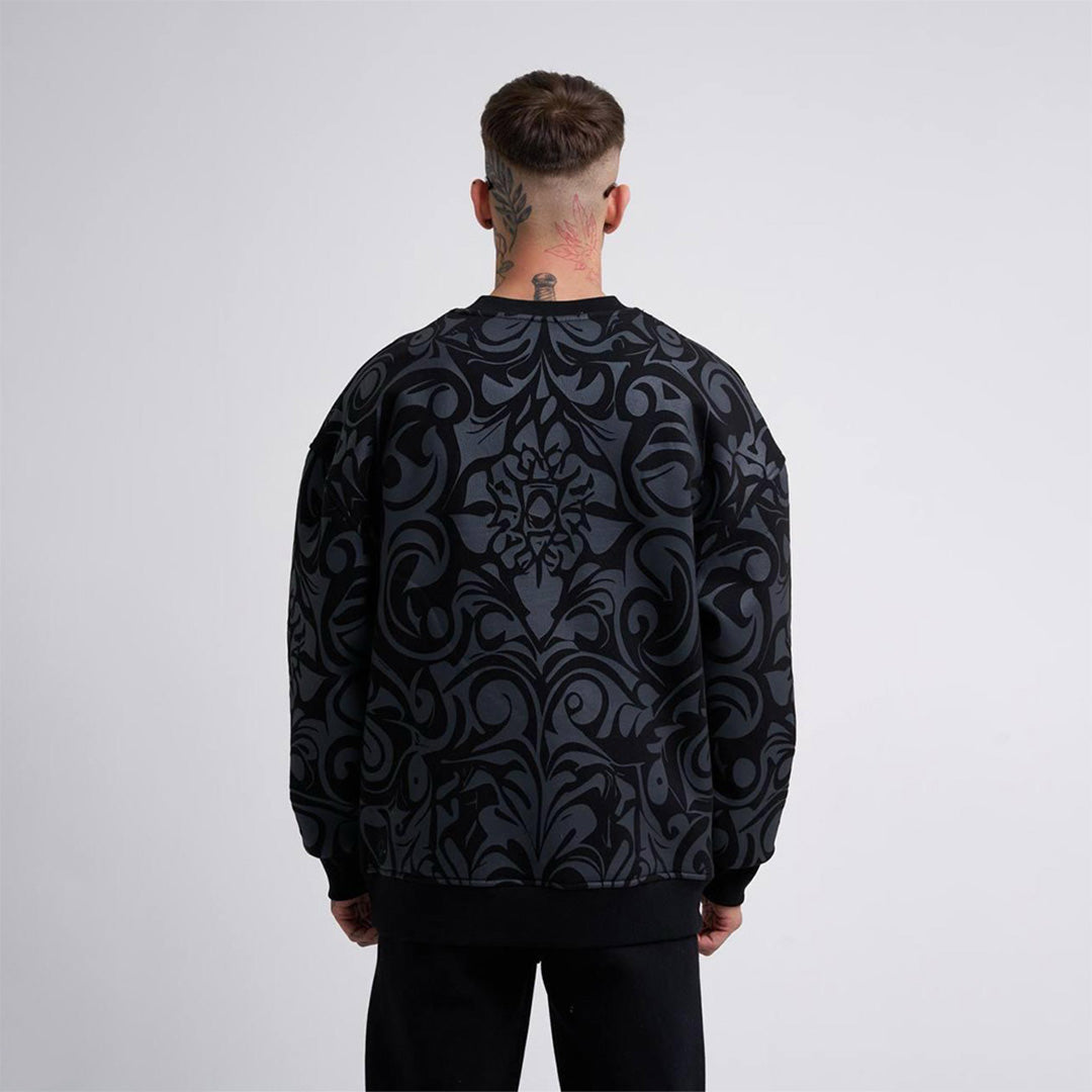 Oversize Ethnical Skull Sweatshirt Cord Set - Black