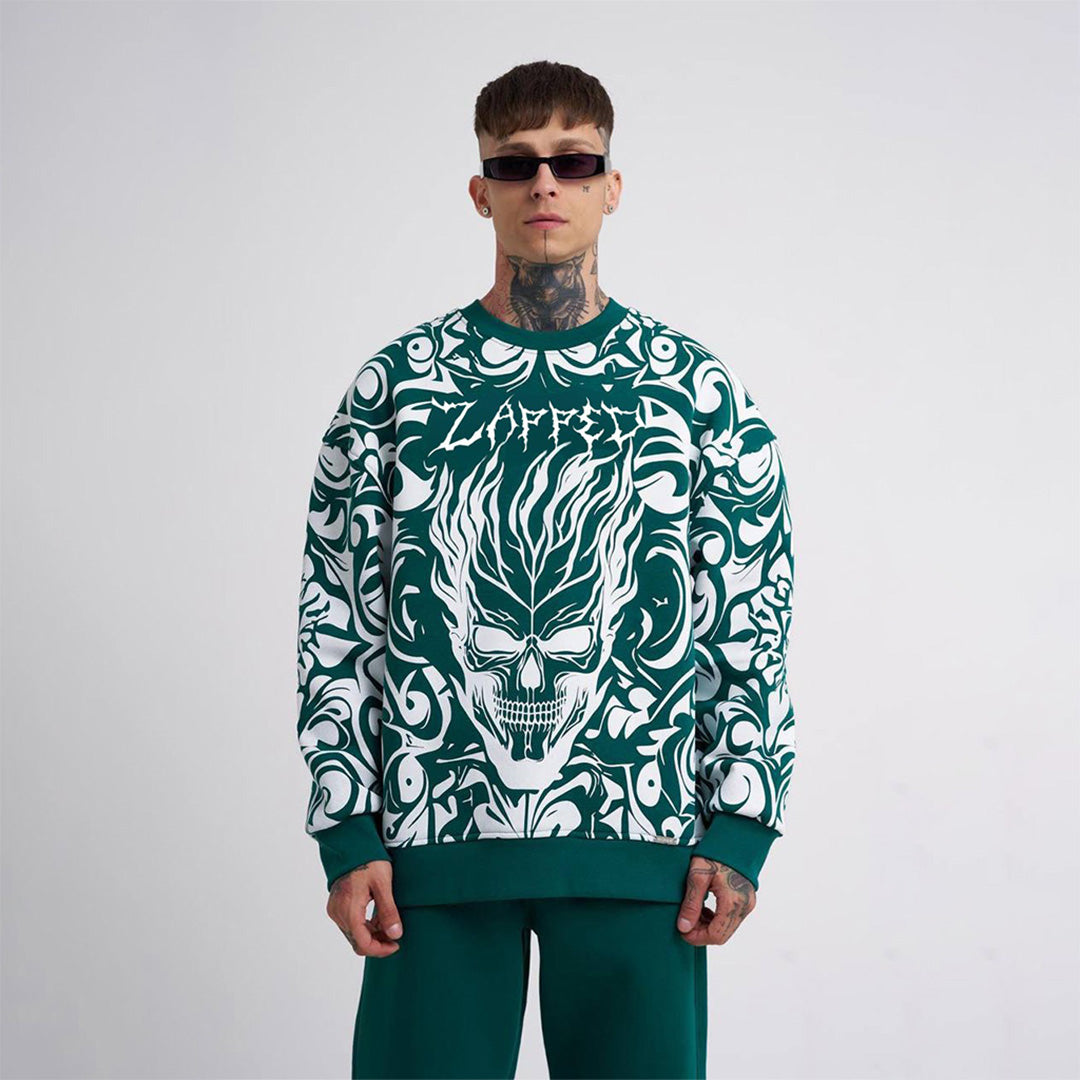 Oversize Ethnical Skull Sweatshirt Cord Set - Green