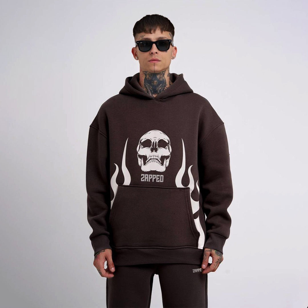 Zapped Oversize Skull Hoodie Cord Set - Brown.