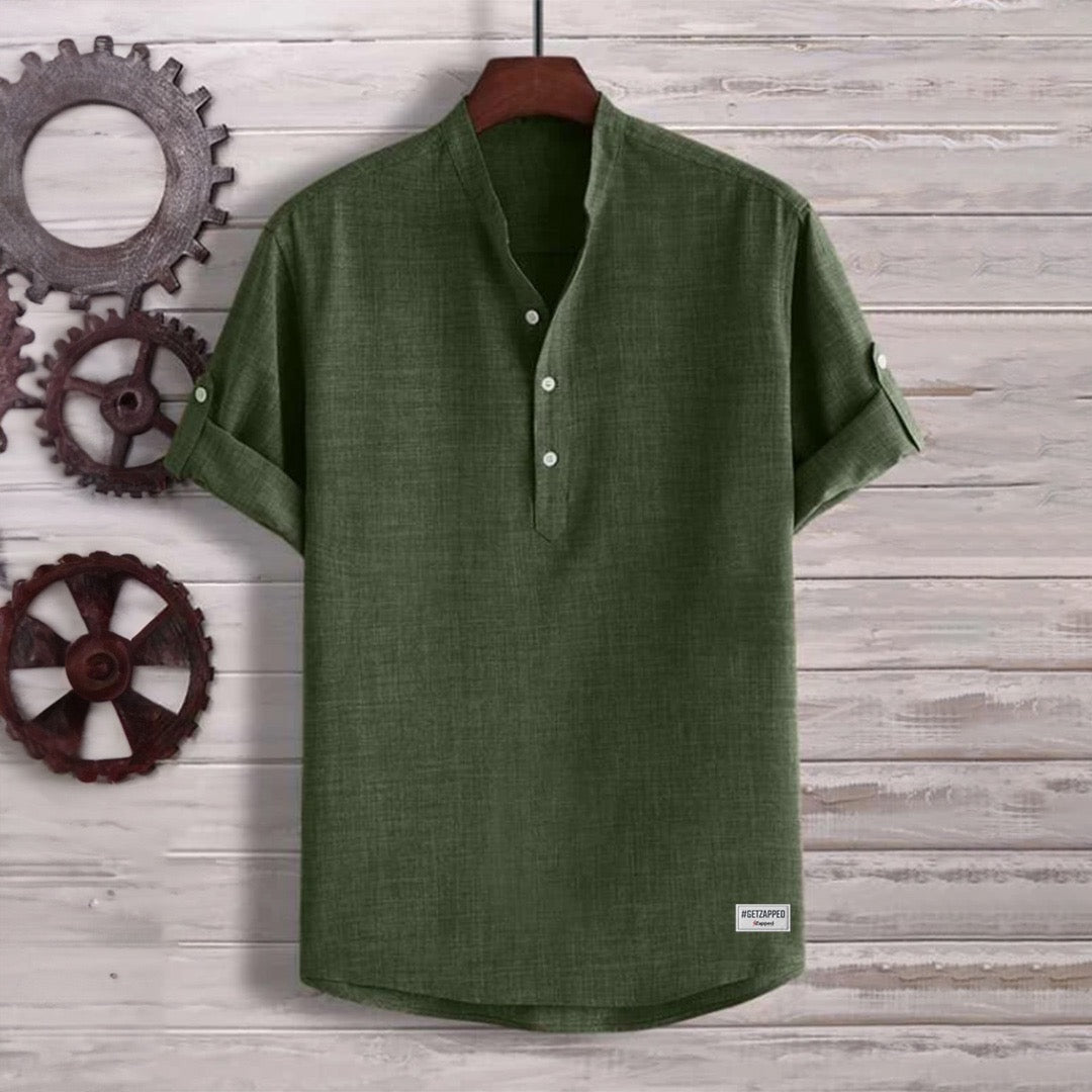 Green Solid Half Button Shirt For Men