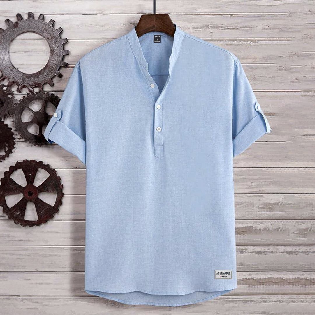 Sky Blue Solid Half Button Shirt For Men