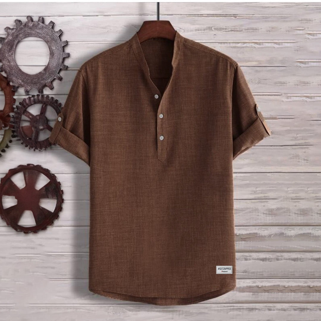 Brown Solid Half Button Shirt For Men