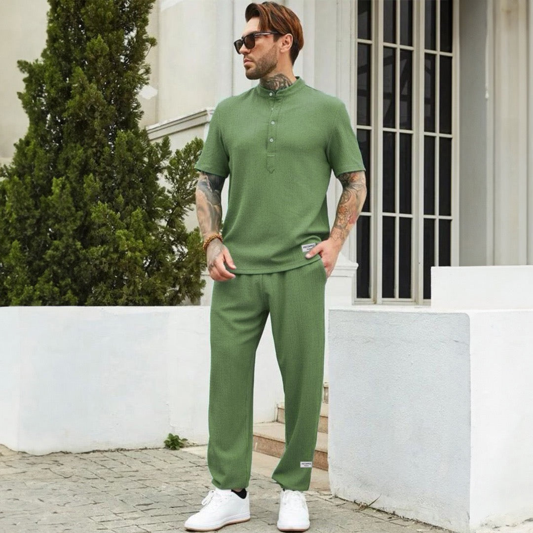 Green Solid Half Button Shirt & Pants For men