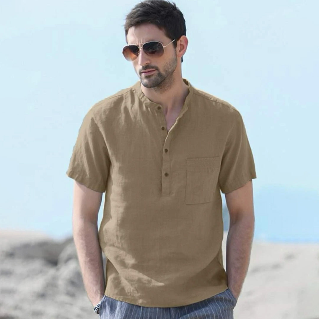 Khaki Ban Collar Half Patti Shirt With Pocket