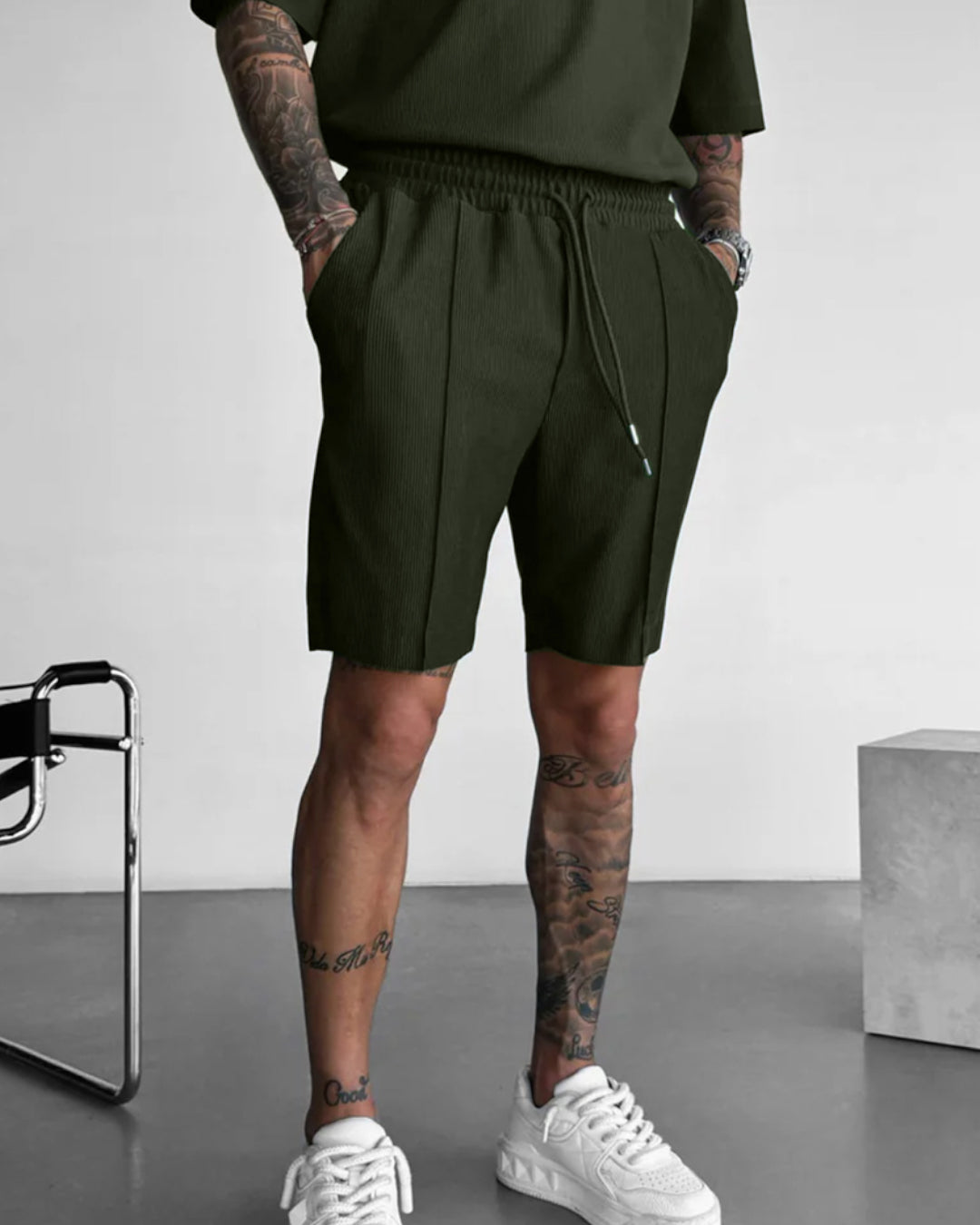 LOOSE FIT TEXTURED SEAM SHORTS - RAIN FOREST