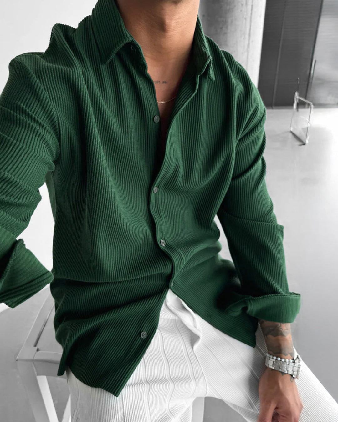 OVERSIZE RIBBED FULL SLEEVES SHIRT - GREEN