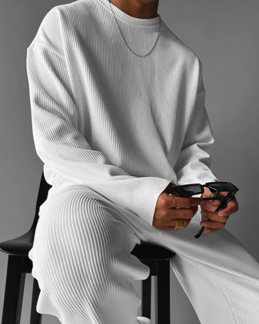 OVERSIZE RIBBED FULL SLEEVES T-SHIRT - WHITE