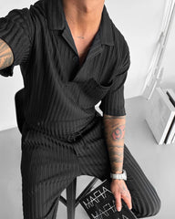 OVERSIZE STRUCTURED POLO SHIRT & TROUSER SET - BLACK