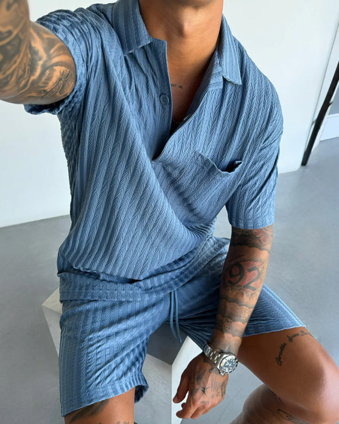 OVERSIZE STRUCTURED POLO SHIRT & SHORT SET - BLUE