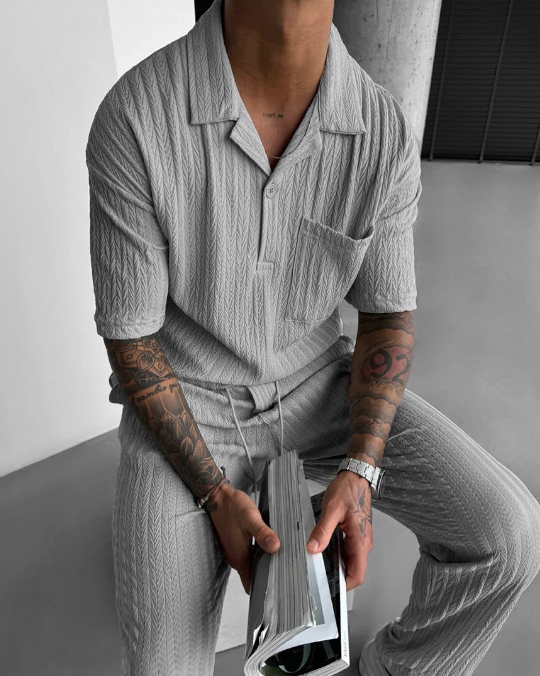 OVERSIZE STRUCTURED POLO SHIRT & TROUSER SET - GRAY