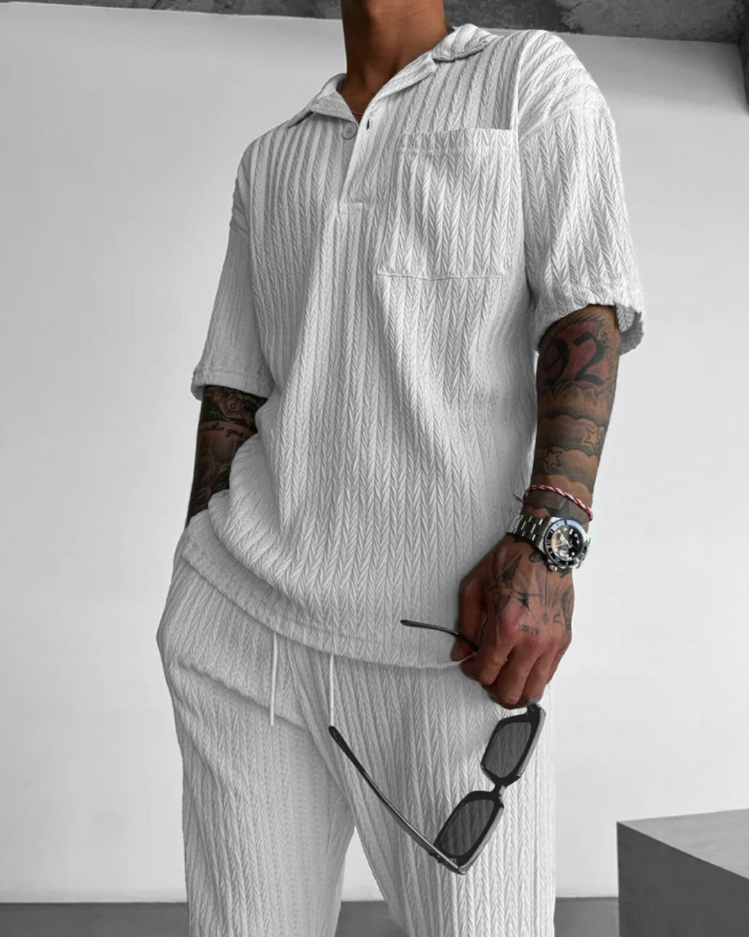 OVERSIZE STRUCTURED POLO SHIRT & TROUSER SET - WHITE