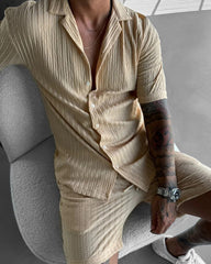OVERSIZE STRUCTURED OPEN COLLAR SHIRT & SHORT SET - BEIGE
