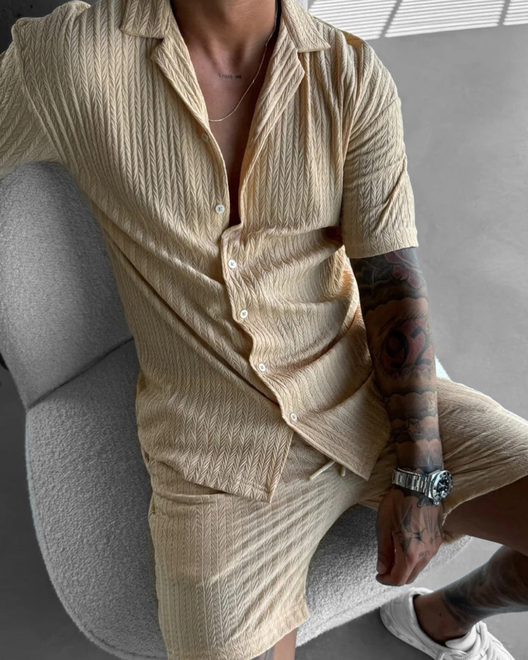 OVERSIZE STRUCTURED OPEN COLLAR SHIRT & SHORT SET - BEIGE