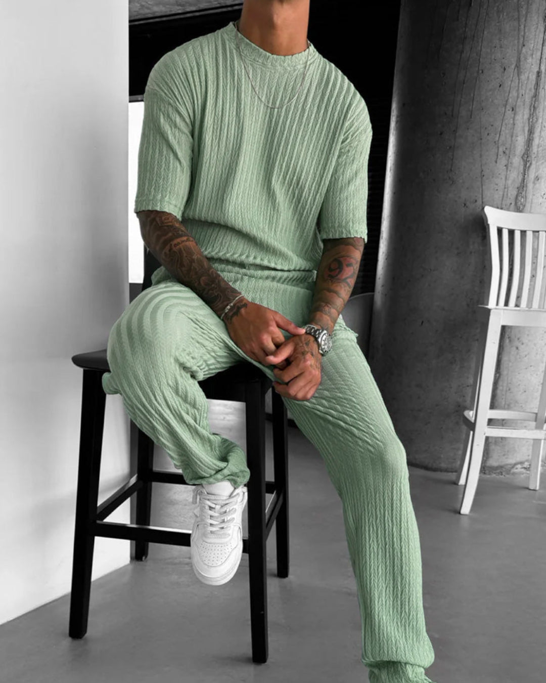 OVERSIZE STRUCTURED T-SHIRT & TROUSER SET - PISTACHIO