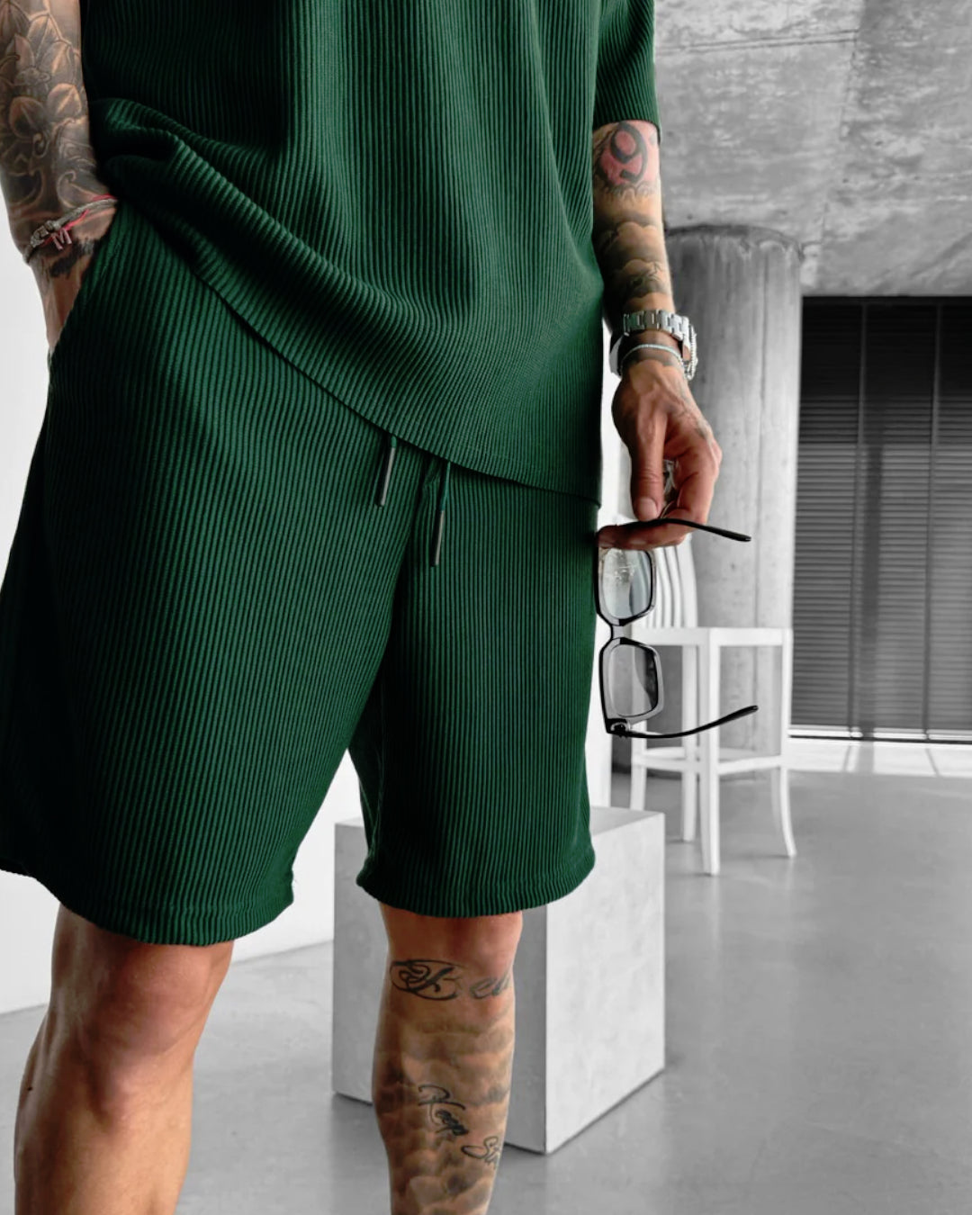 LOOSE FIT RIBBED SHORTS - GREEN