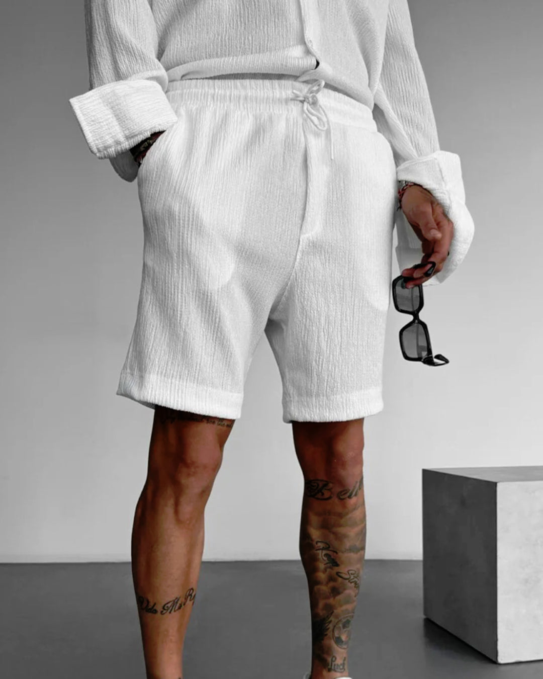 WHITE RELAXED FIT COTTON CRUSH SHORTS