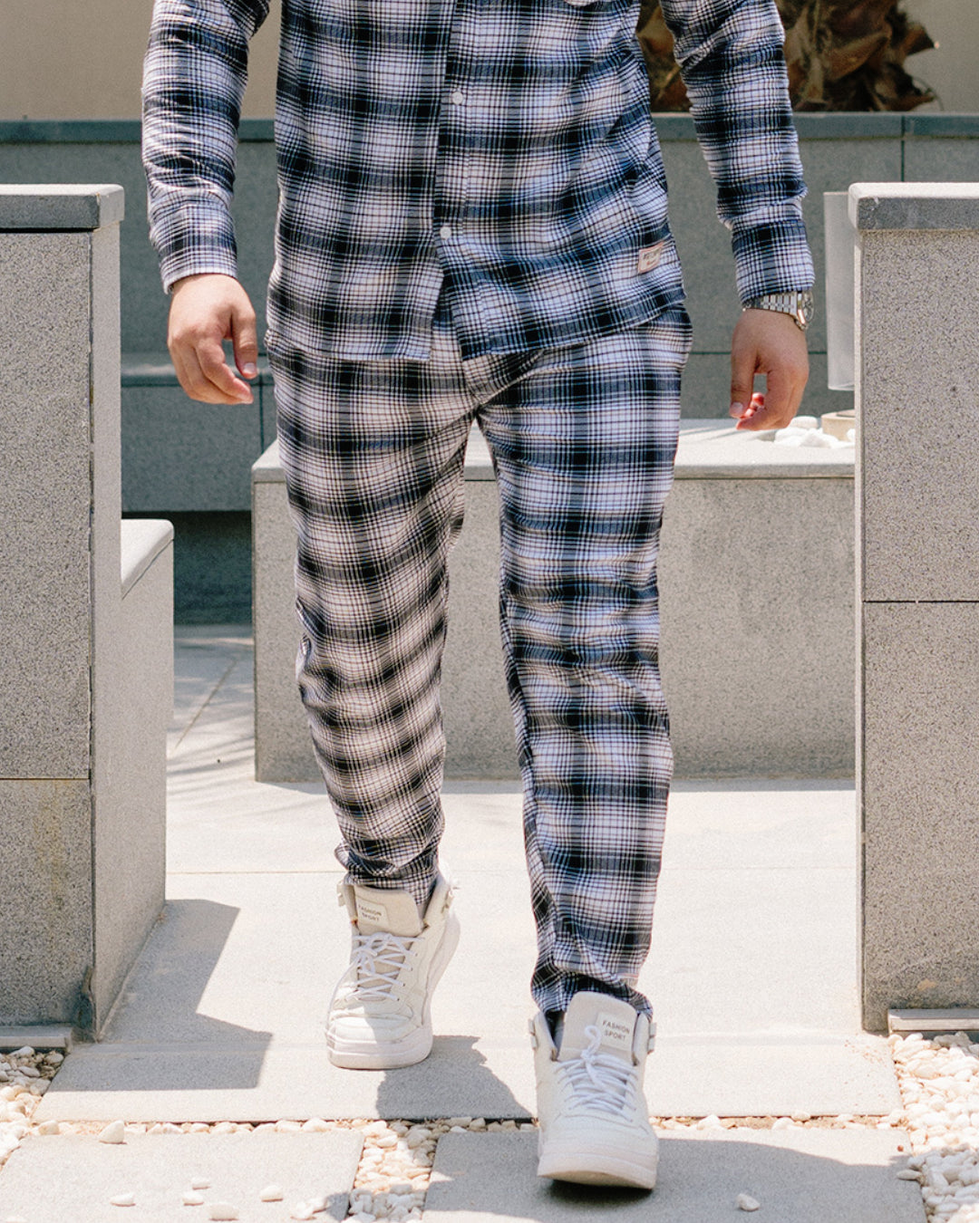 LOOSE FIT PLAID CORD PANTS - GRAY