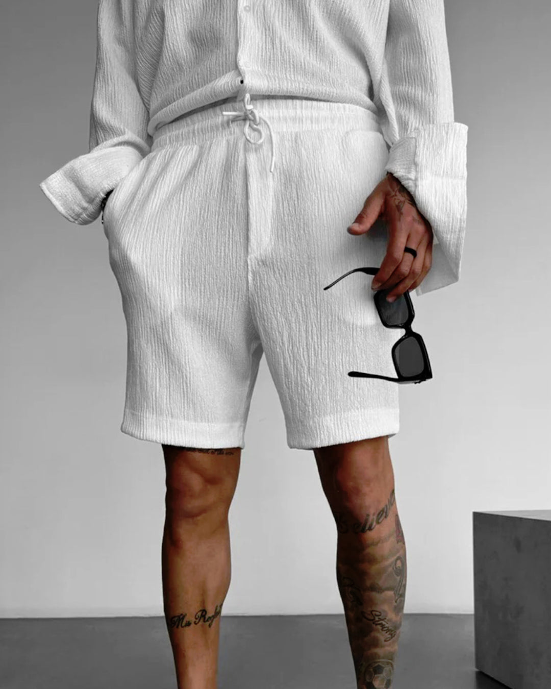 WHITE RELAXED FIT COTTON CRUSH SHORTS