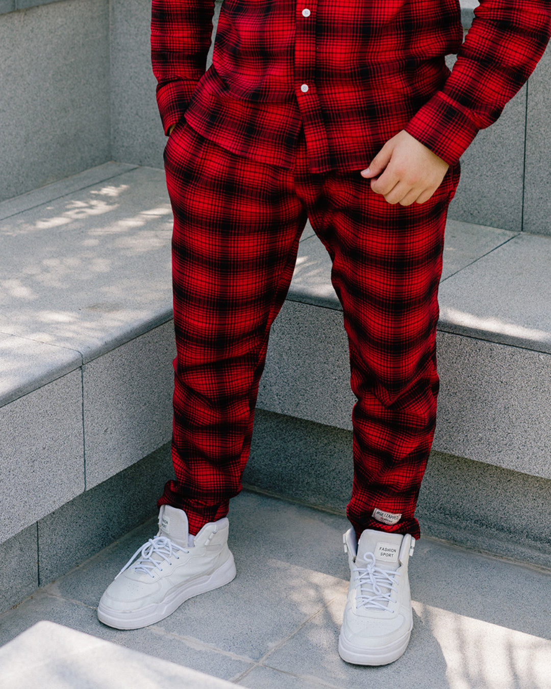 LOOSE FIT PLAID CORD PANTS - RED