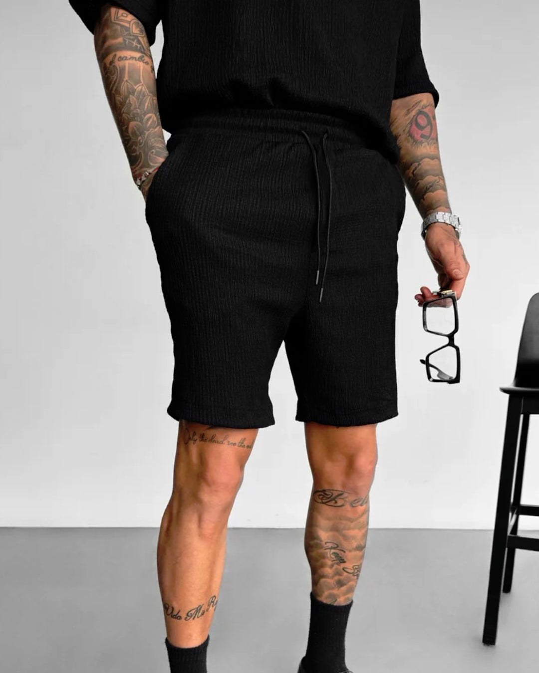 BLACK RELAXED FIT COTTON CRUSH SHORTS