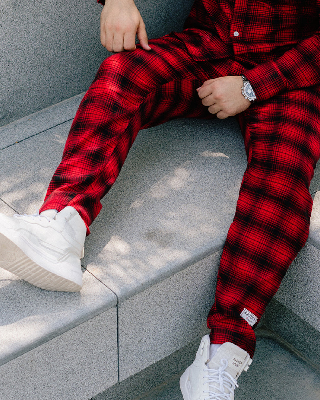 LOOSE FIT PLAID CORD PANTS - RED