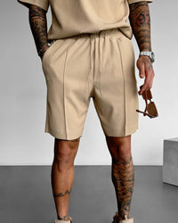 LOOSE FIT TEXTURED SEAM SHORTS - TAN
