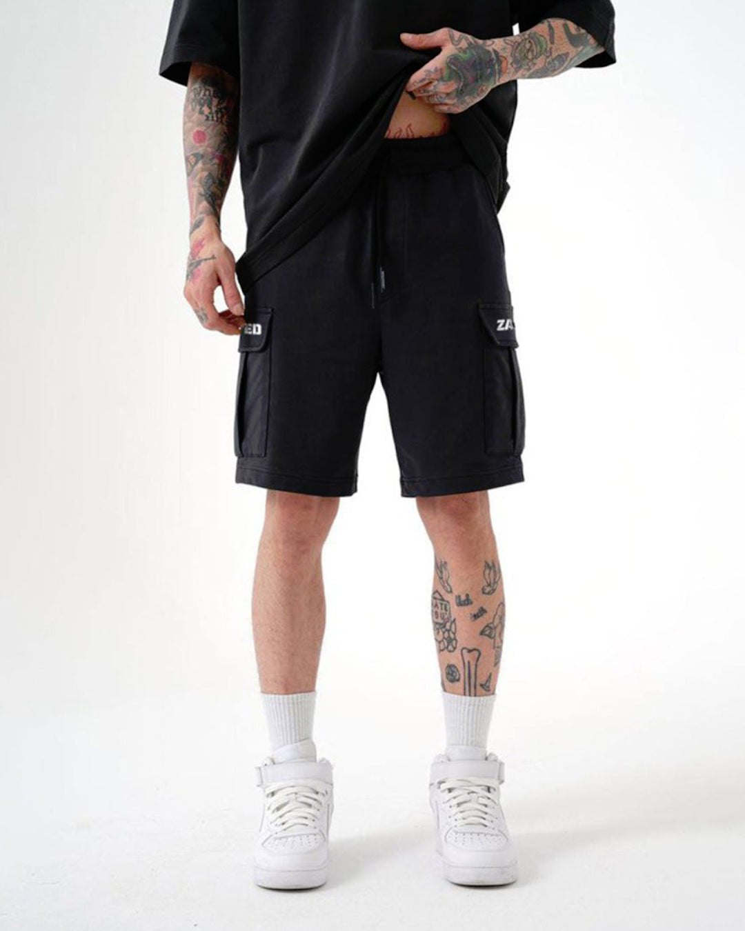 ZAPPED COTTON CARGO SHORTS - BLACK