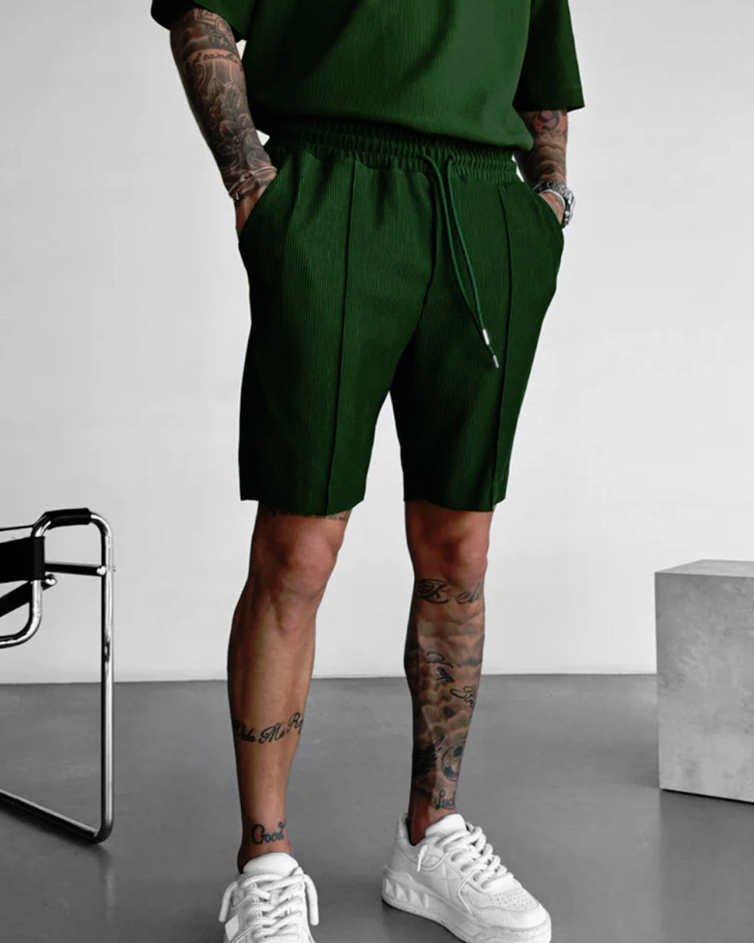 LOOSE FIT TEXTURED SEAM SHORTS - RAIN FOREST