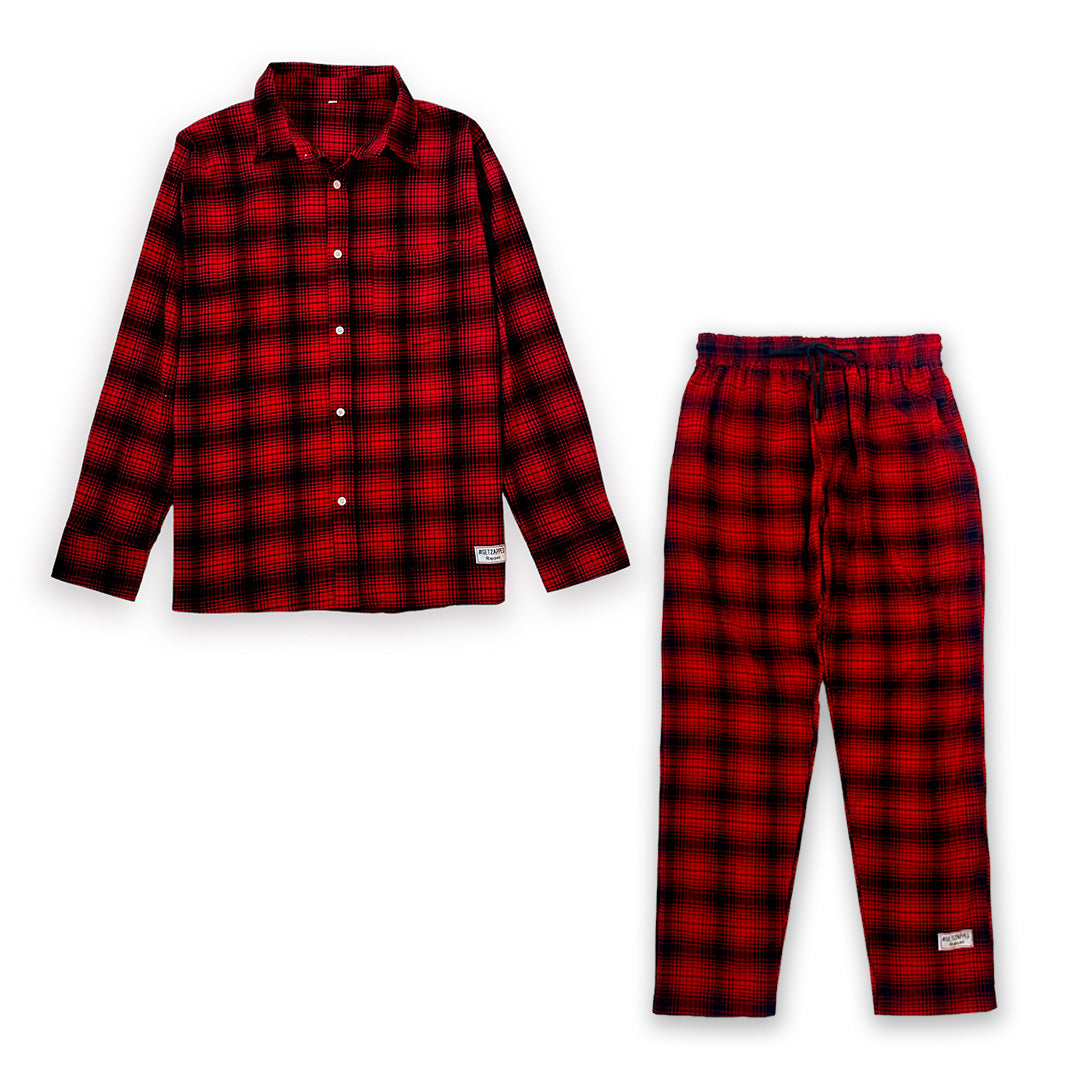 Loose Fit Plaid Long Sleeve Shirt & Trouser Set