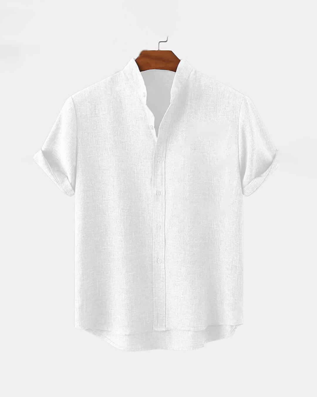 White short-sleeve button-up shirt with a collar hanging on a wooden hanger against a light gray background